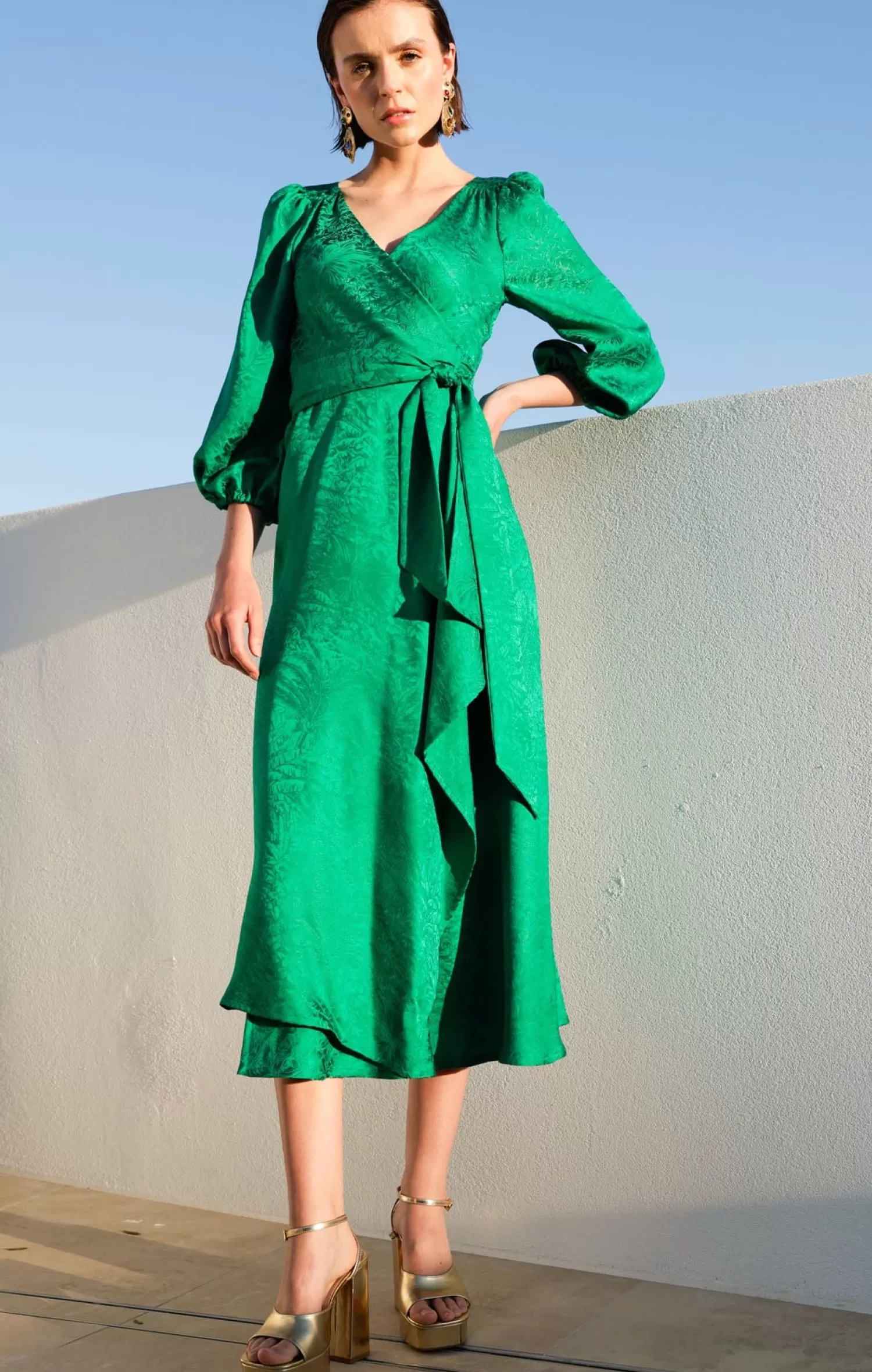 SACHA DRAKE CHATEAU WRAP DRESS IN EMERALD