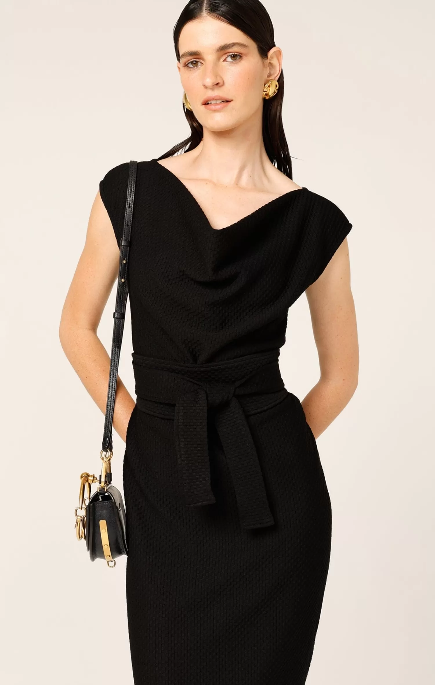 SACHA DRAKE CHECKER COWL DRESS IN BLACK