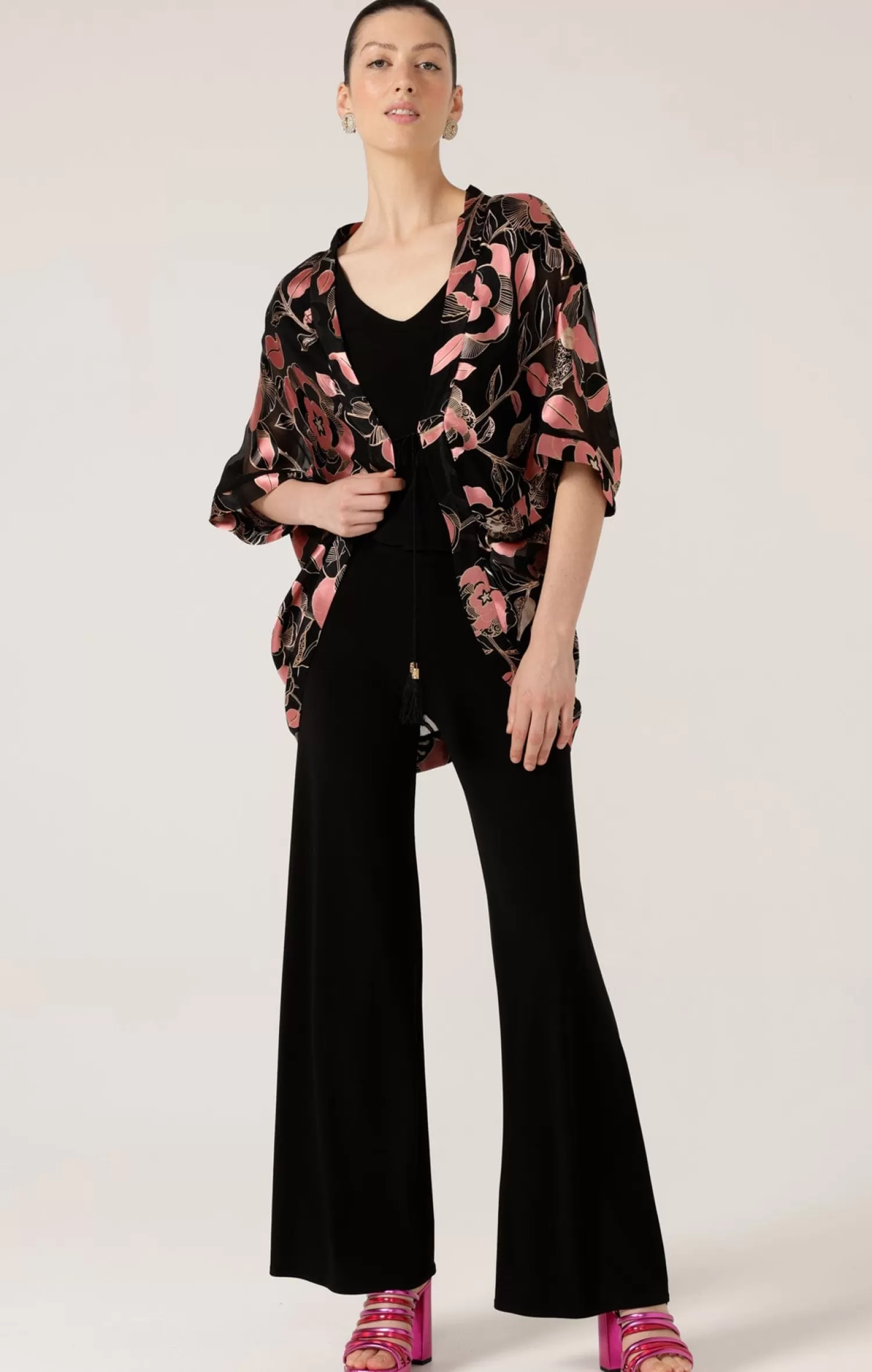 SACHA DRAKE COURTESAN KIMONO IN BLACK PINK FLORAL