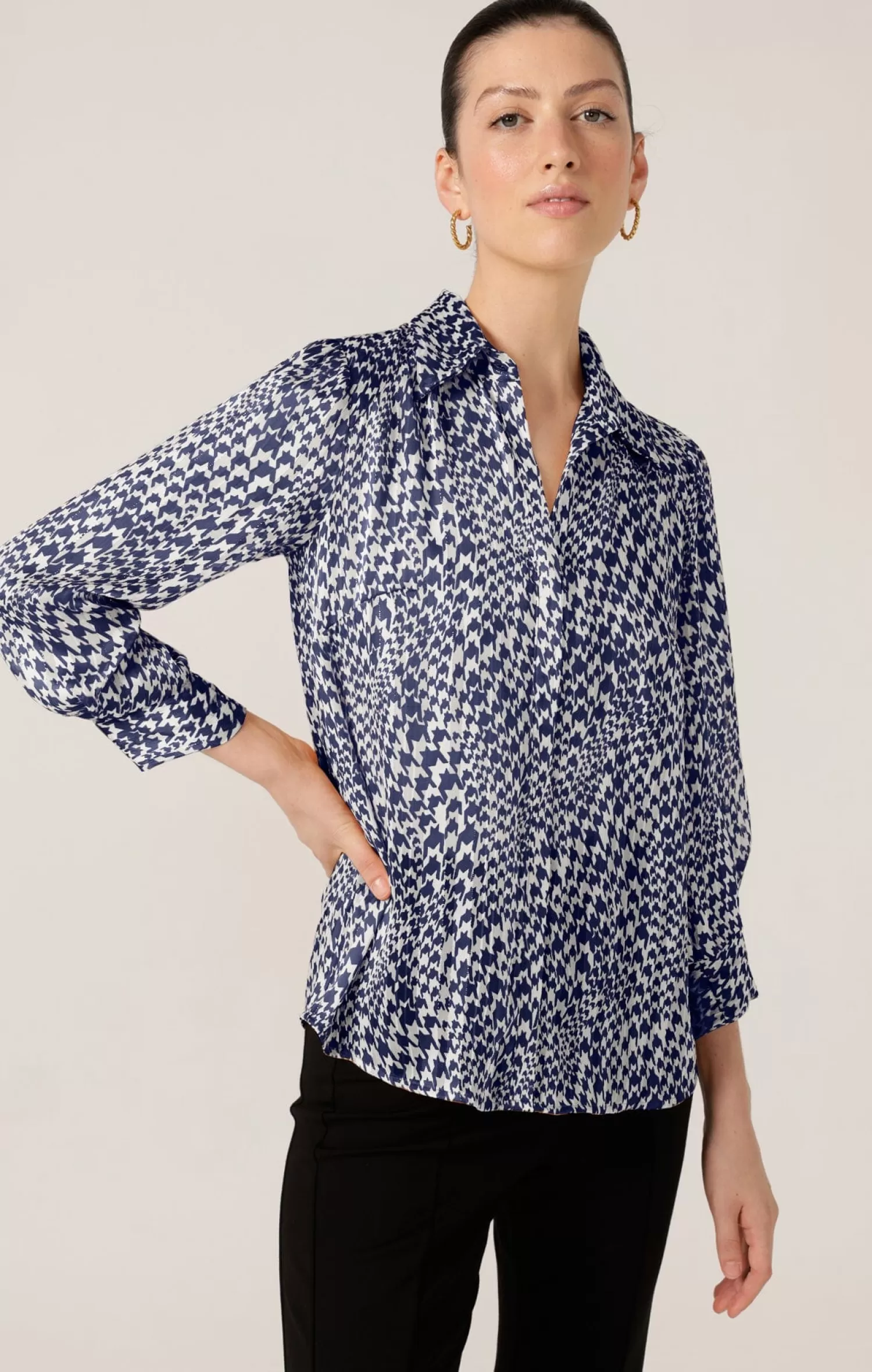 SACHA DRAKE HERRINGBONE BLOUSE IN NAVY WHITE CHECK