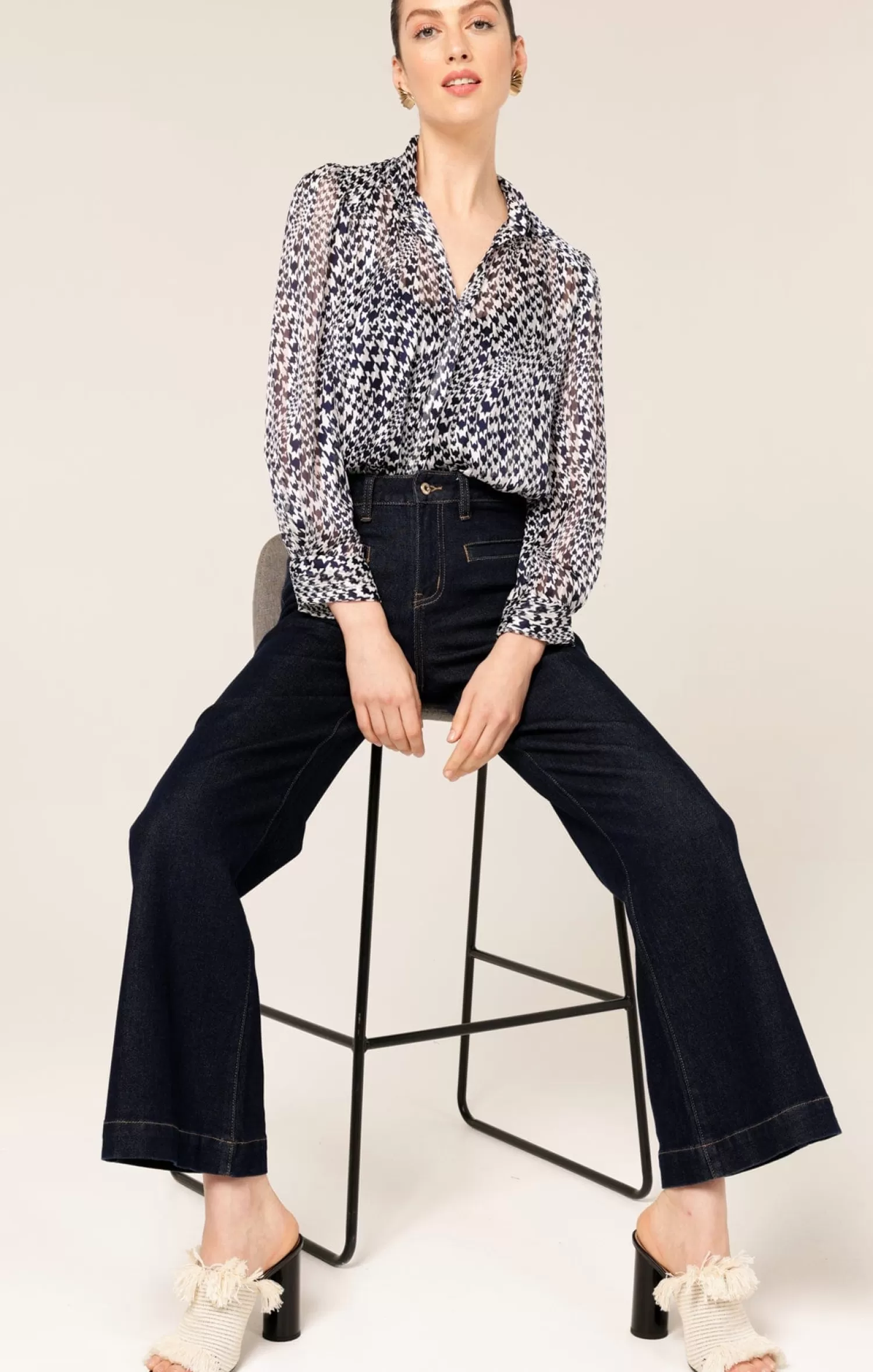 SACHA DRAKE HERRINGBONE BLOUSE IN NAVY WHITE CHECK