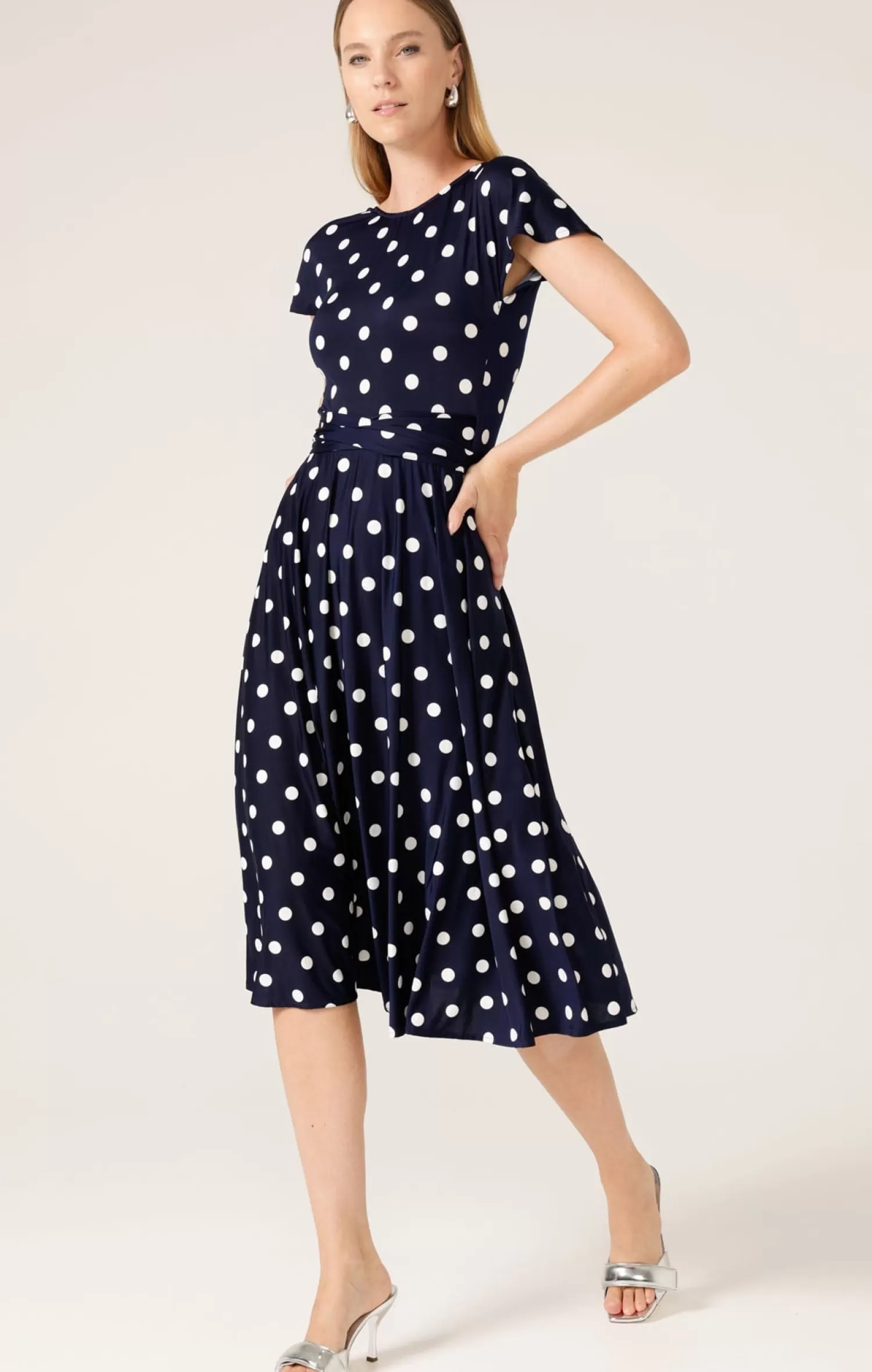 SACHA DRAKE REVERSE WRAP MIDI DRESS IN NAVY WHITE SPOT