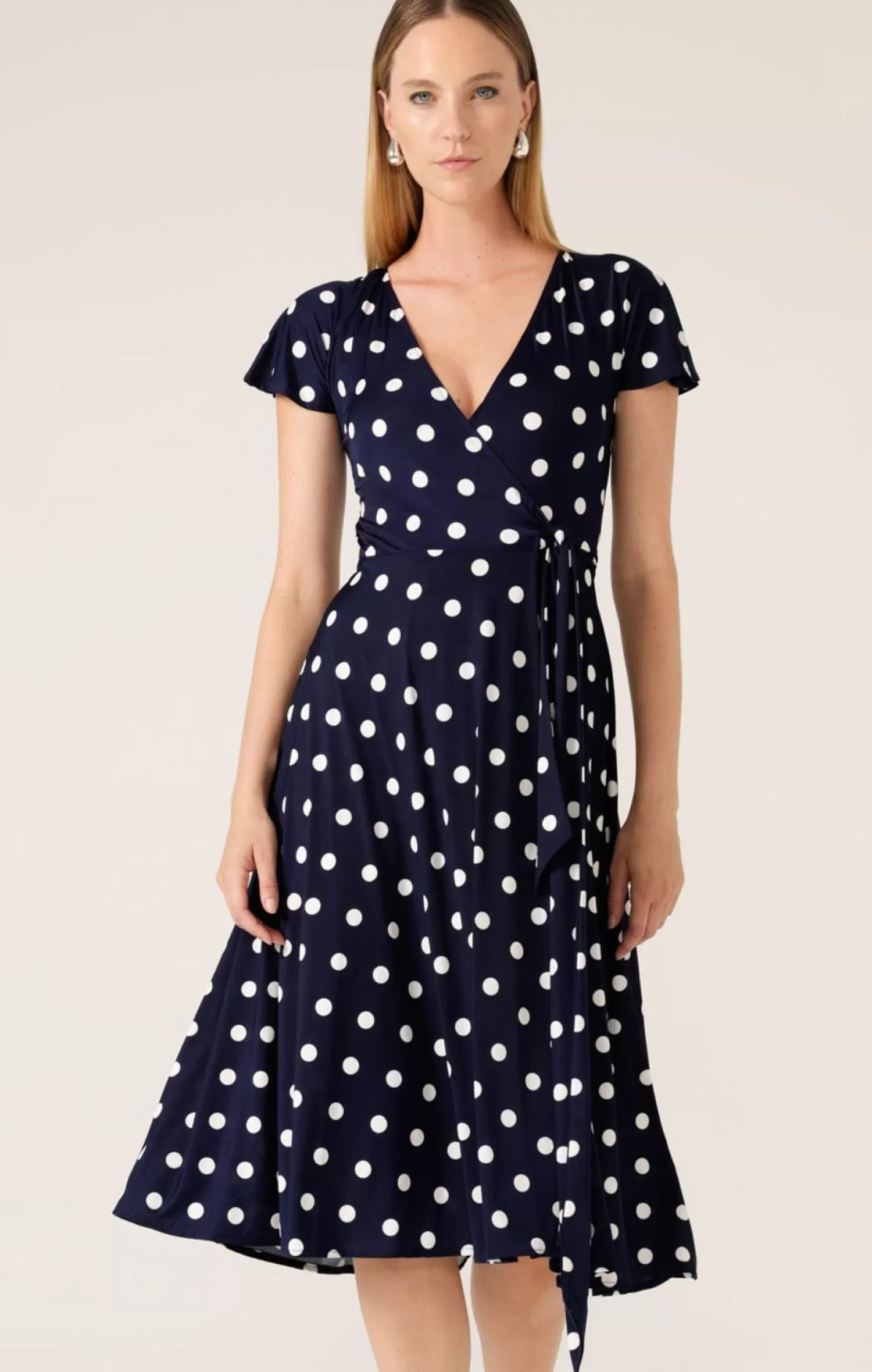 SACHA DRAKE REVERSE WRAP MIDI DRESS IN NAVY WHITE SPOT