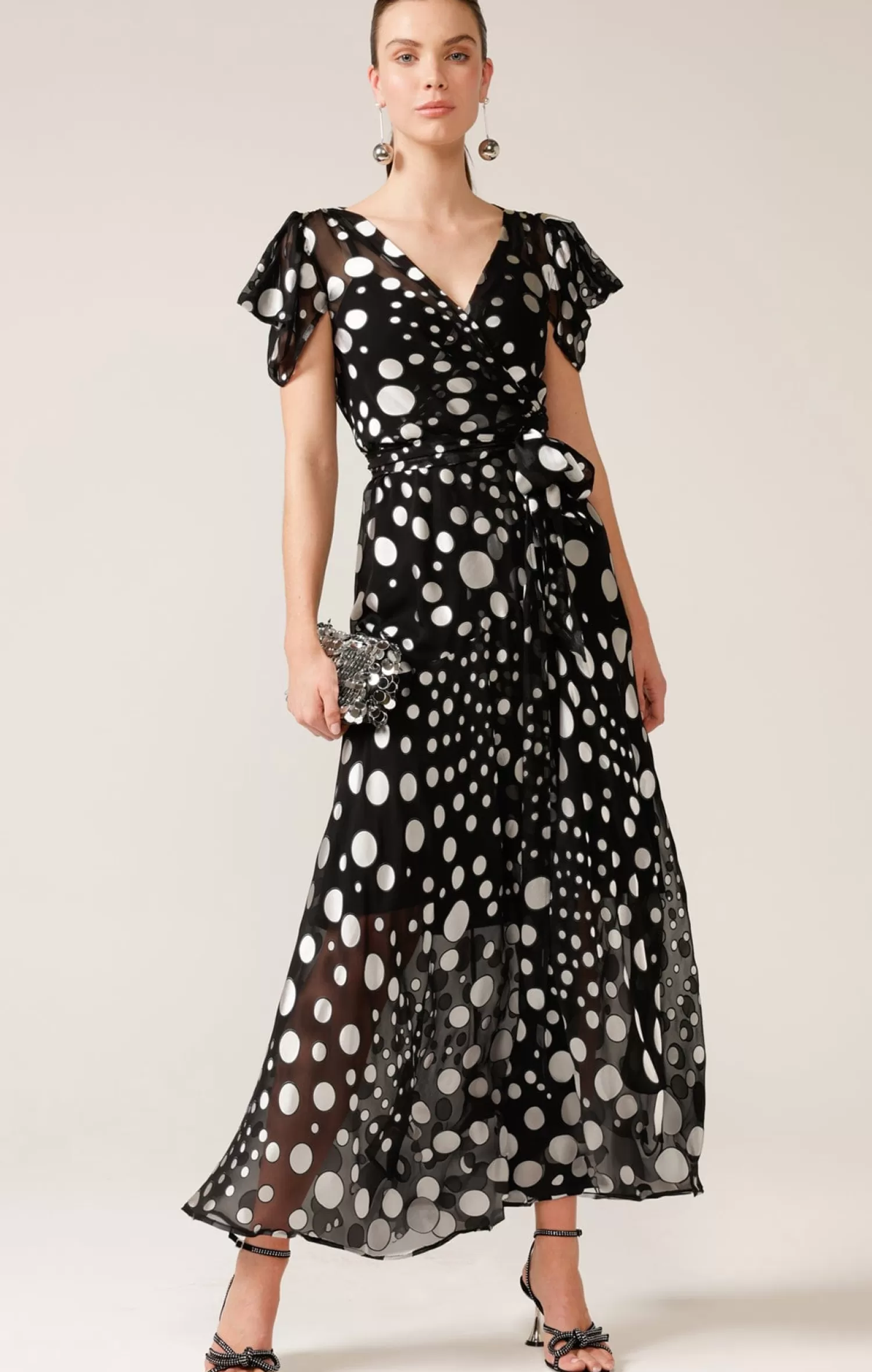 SACHA DRAKE TWILIGHT SHIMMER MAXI WRAP DRESS IN BLACK SILVER SPOT