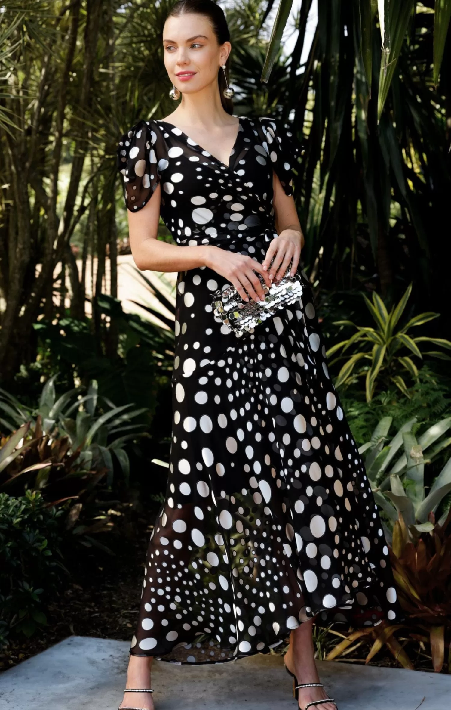 SACHA DRAKE TWILIGHT SHIMMER MAXI WRAP DRESS IN BLACK SILVER SPOT