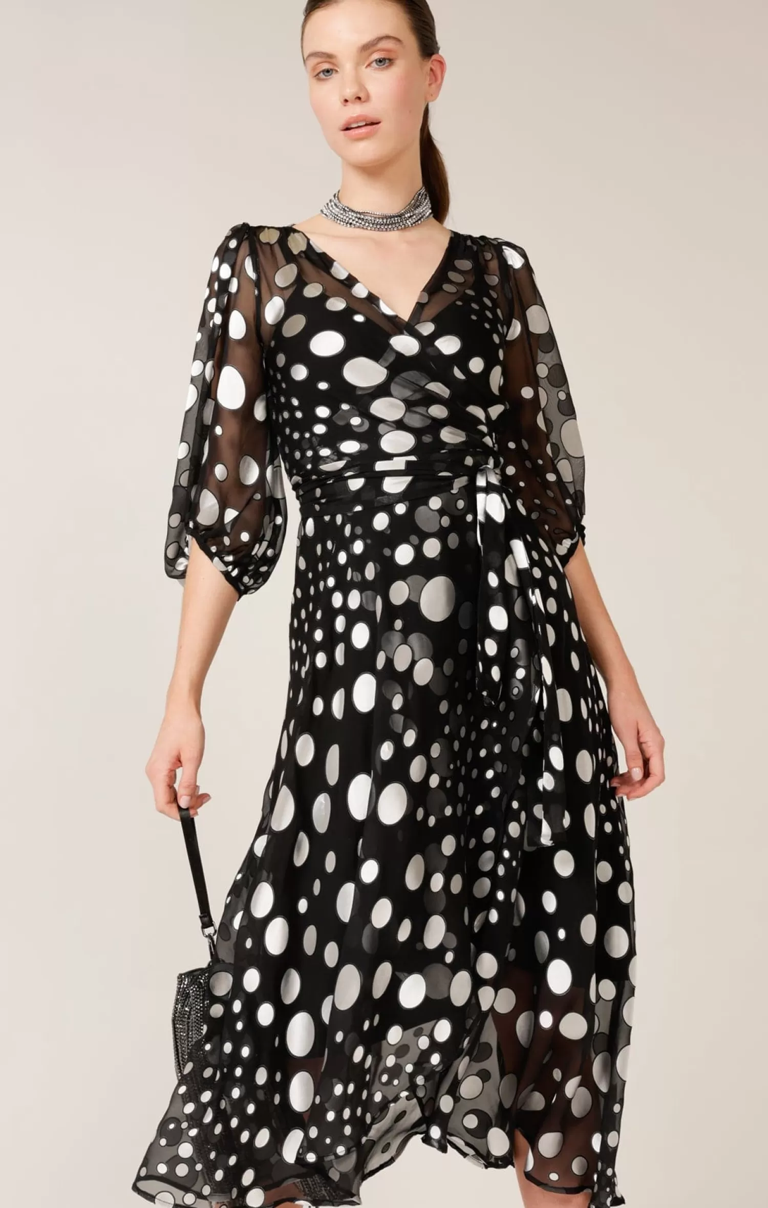 SACHA DRAKE WONDERLAND MIDI WRAP DRESS IN BLACK SILVER SPOT